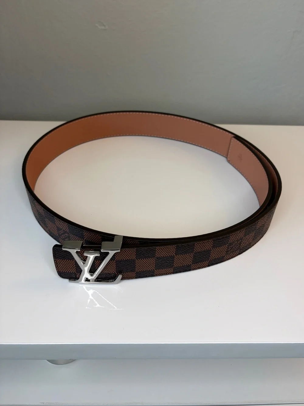 Mens Brown Checkered Genuine Leather Belt Fits Waist 34-36